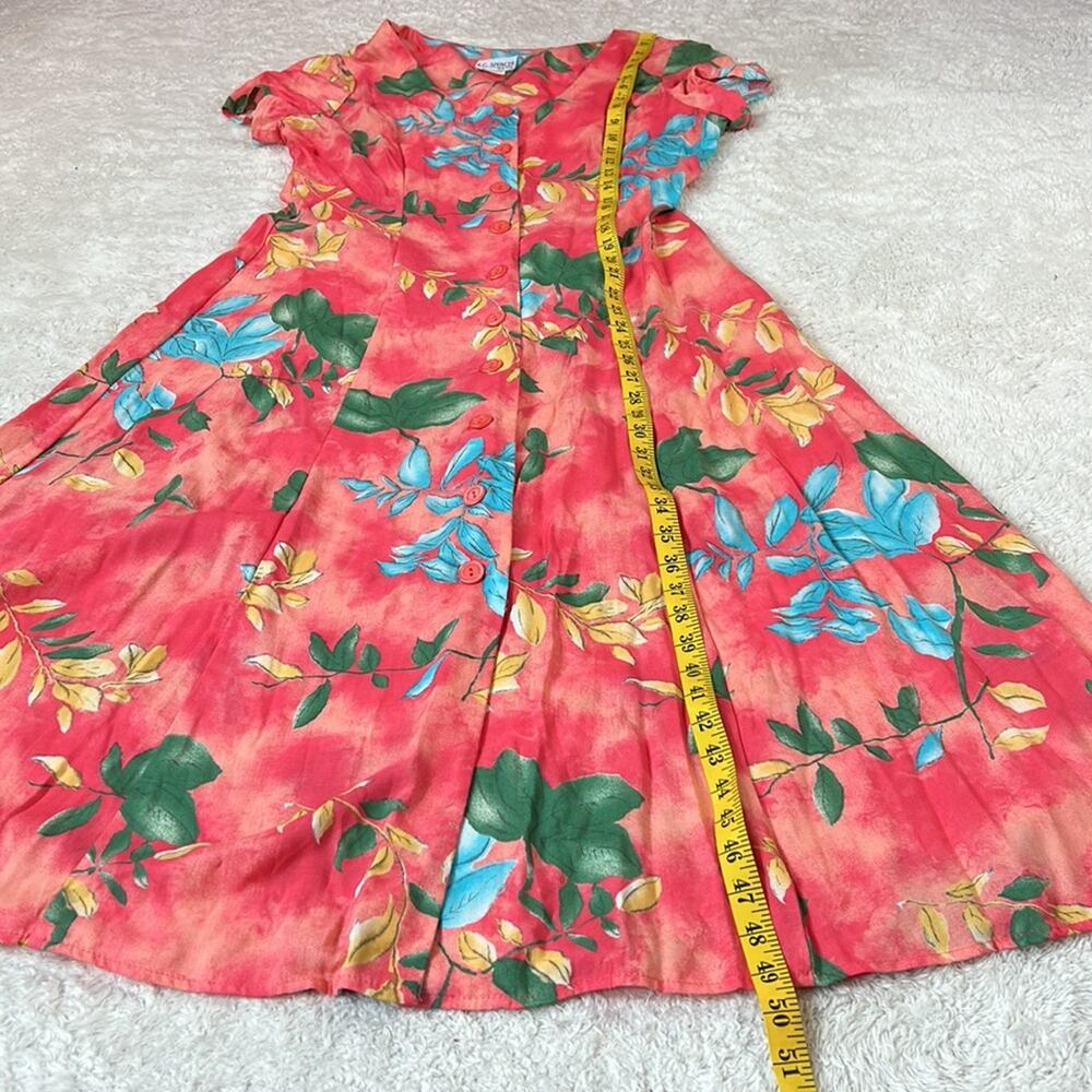 Vintage Coral Floral Midi Dress with Blue and Green Flower Print - Picture 4 of 8